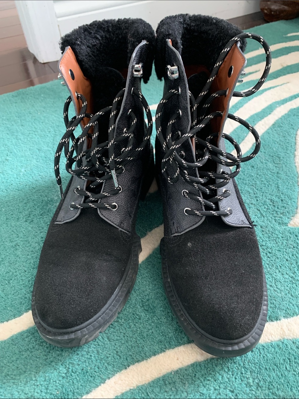 Coach Black Suede Lace-Up Boots with Tan Leather Tongue Accents